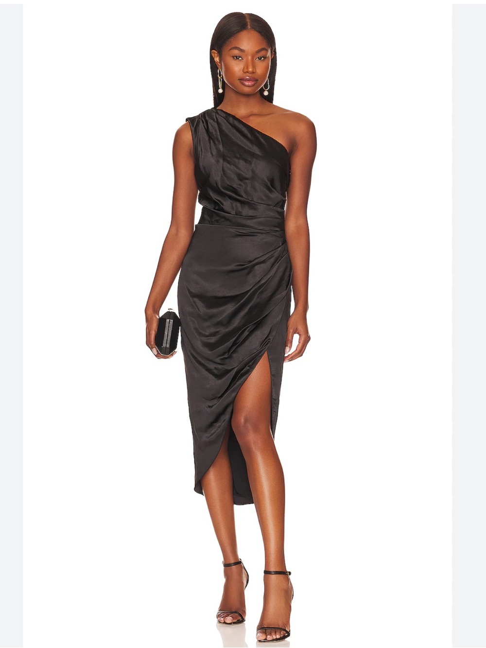 REVOLVE X ELLIATT Black One-Shoulder Ruched Cassini Satin Formal Wedding Dress S